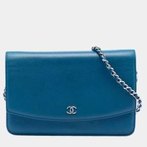 مملوكة مسبقًا Chanel Blue CC Caviar Sevruga Wallet On Chain