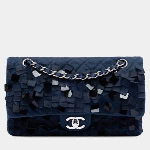 مملوكة مسبقًا Chanel Blue Medium Classic Satin Paillette Embellished Double Flap
