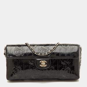 Pre Owned حقيبة قلاب شانيل كامليا جلد براءات اختراع أسود ليزر شرق غرب