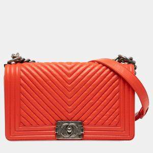 مملوكة مسبقًا Chanel V-Stitch Coco Mark Boy Chain Shoulder Bag Orange Lambskin