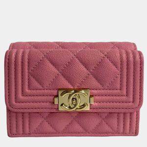 Pre Owned Chanel Pink Quilted Caviar Boy Flap Compact Wallet
