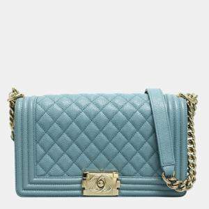 Pre Owned Chanel Blue Caviar Old Medium Boy Bag GHW