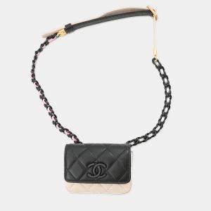 Pre Owned Chanel Matelasse Chain Belt Bag Black/Beige/Silver Lambskin Size Mini