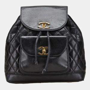 Pre Owned Chanel Matelasse Coco Mark Gold Hardware Chain Backpack Black Lambskin