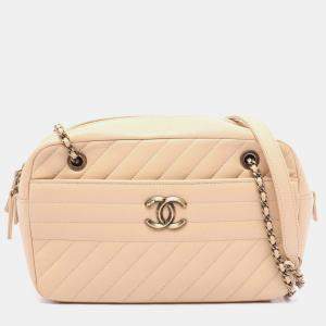 Pre Owned Chanel Bias Stitch Medium Beige Grained Calfskin Leather Shoulder Bag