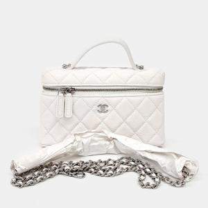 Pre Owned Chanel White Caviar Vanity Top Handle Chain Crossbody Bag
