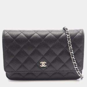 Pre Owned Chanel Classic Wallet on Chain Black Grained Calfskin Leather Crossbody Bag