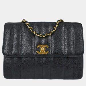 مملوكة مسبقًا Chanel Vintage Mademoiselle Vertical Quilt Jumbo Black Caviar Skin Shoulder Bag