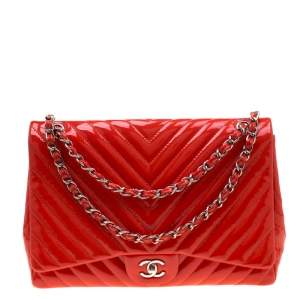 Pre Owned Chanel Orange Patent Leather Maxi Classic Single Flap Bag