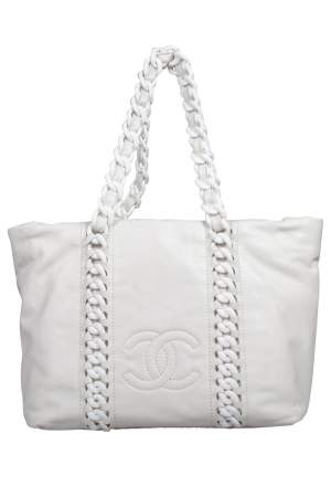 Pre Owned Chanel White Leather Modern Chain Rhodoid Tote
