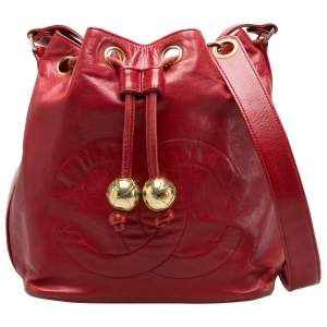 Pre Owned Chanel Red Leather Vintage CC Drawstring Bucket Bag