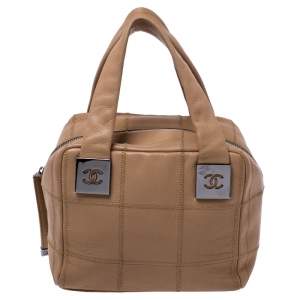 Pre Owned Chanel Beige Quilted Caviar Leather Small Square Stitch Bowler Bag