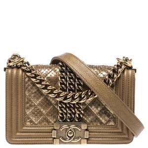 Chanel Gold Snakeskin and Leather Small Chain Boy Flap Bag