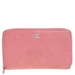 Chanel Pink Camellia Embossed Leather Zip Around Wallet Organizer 