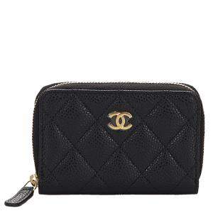 Chanel Black Quilted Caviar Leather Zip Around Coin Purse