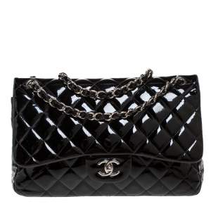 مملوكة مسبقًا Chanel Black Quilted Patent Leather Jumbo Classic Double Flap Bag