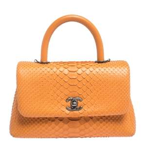 Pre Owned Chanel Orange Python Mini Coco Top Handle Bag