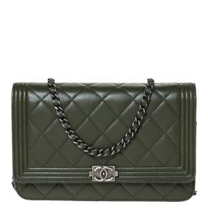 Chanel Moose Green Quilted Leather Boy Wallet on Chain