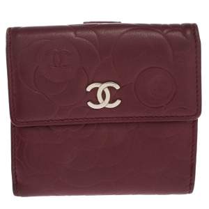 Chanel Dark Red Leather Camellia Embossed French Wallet