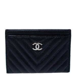 Chanel Black Chevron Leather Card Holder