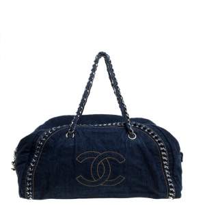 Pre Owned Chanel Navy Blue Denim Large Luxe Ligne Bowler Bag