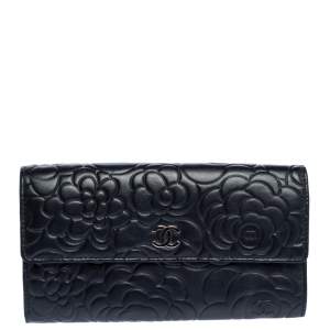 Chanel Black Camellia Embossed Leather Flap Wallet