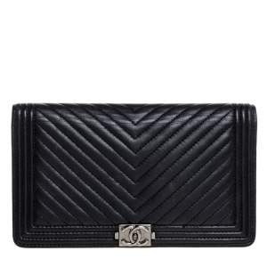 Chanel Black Chevron Leather Boy Wallet