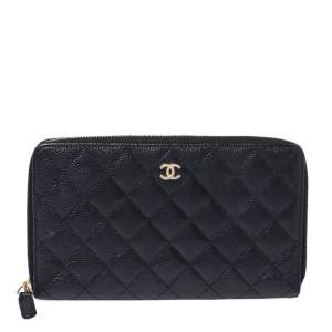 Chanel Black Quilted Caviar Leather Zip Around Wallet Organizer 