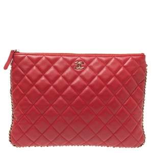 Chanel Red Quilted Leather O Case Chain Trim Clutch