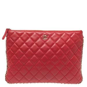 Pre Owned Chanel Red Quilted Leather O Case Chain Trim Clutch