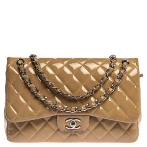 مملوكة مسبقًا Chanel Beige Quilted Patent Leather Jumbo Classic Double Flap Bag