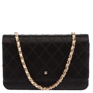 Chanel Black Quilted Satin CC Flap Wallet On Chain 