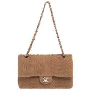 Pre Owned Chanel Brown Python Medium Classic Double Flap Bag