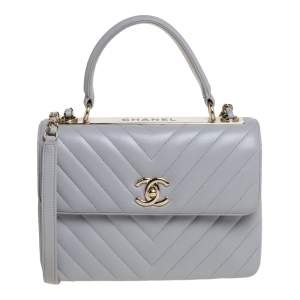 Pre Owned Chanel Grey Chevron Leather Small Trendy CC Flap Top Handle Bag