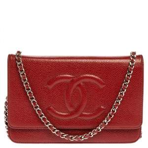 Chanel Red Caviar Leather CC Timeless Wallet On Chain