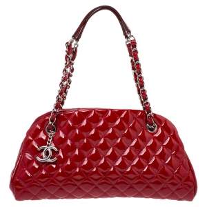 Pre Owned Chanel Red Quilted Patent Leather Just Mademoiselle Bowler Bag