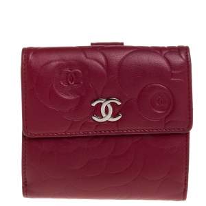 Chanel Red Leather Camellia Embossed French Wallet