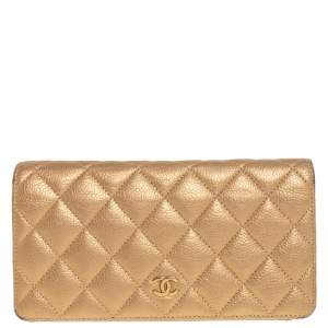 Chanel Metallic Gold Quilted Caviar Leather CC Yen Wallet
