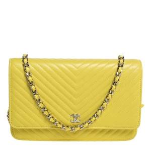 Chanel Yellow Chevron Leather Wallet on Chain