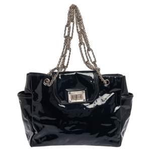 Pre Owned Chanel Dark Blue Patent Leather Giant Reissue Lock Chain Link Tote