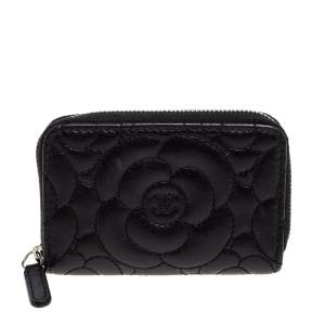 Chanel Black Camellia Embossed Leather Zip Around Coin Purse