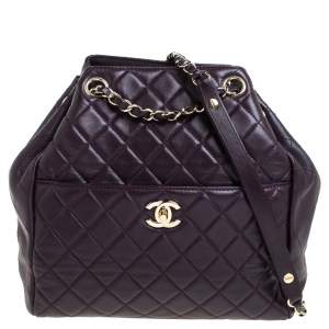 Pre Owned Chanel Plum Quilted Leather Timeless Classic Drawstring Bag