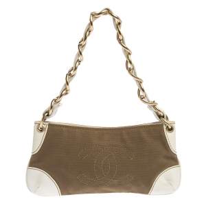 Chanel White/Khaki Canvas and Leather CC Chain Baguette Bag