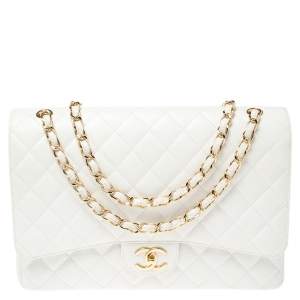 مملوكة مسبقًا Chanel White Quilted Caviar Leather Maxi Classic Double Flap Bag     