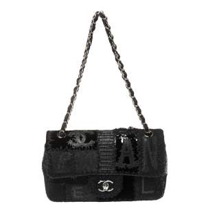 مملوكة مسبقًا Chanel Black Patchwork Fabric and Leather Single Flap Bag