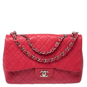 Pre Owned Chanel Dark Pink Quilted Caviar Leather Jumbo Classic Double Flap Bag