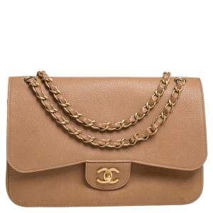 Pre Owned Chanel Tan Caviar Leather Jumbo Classic Double Flap Bag