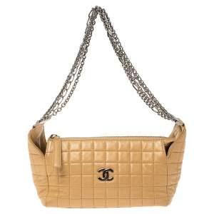 Pre Owned Chanel Beige Chocolate Bar Leather Multiple Chain Baguette Bag