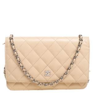 Chanel Beige Quilted Leather Wallet On Chain