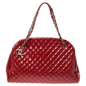 Pre Owned Chanel Red Quilted Patent Leather Large Just Mademoiselle Bowler Bag